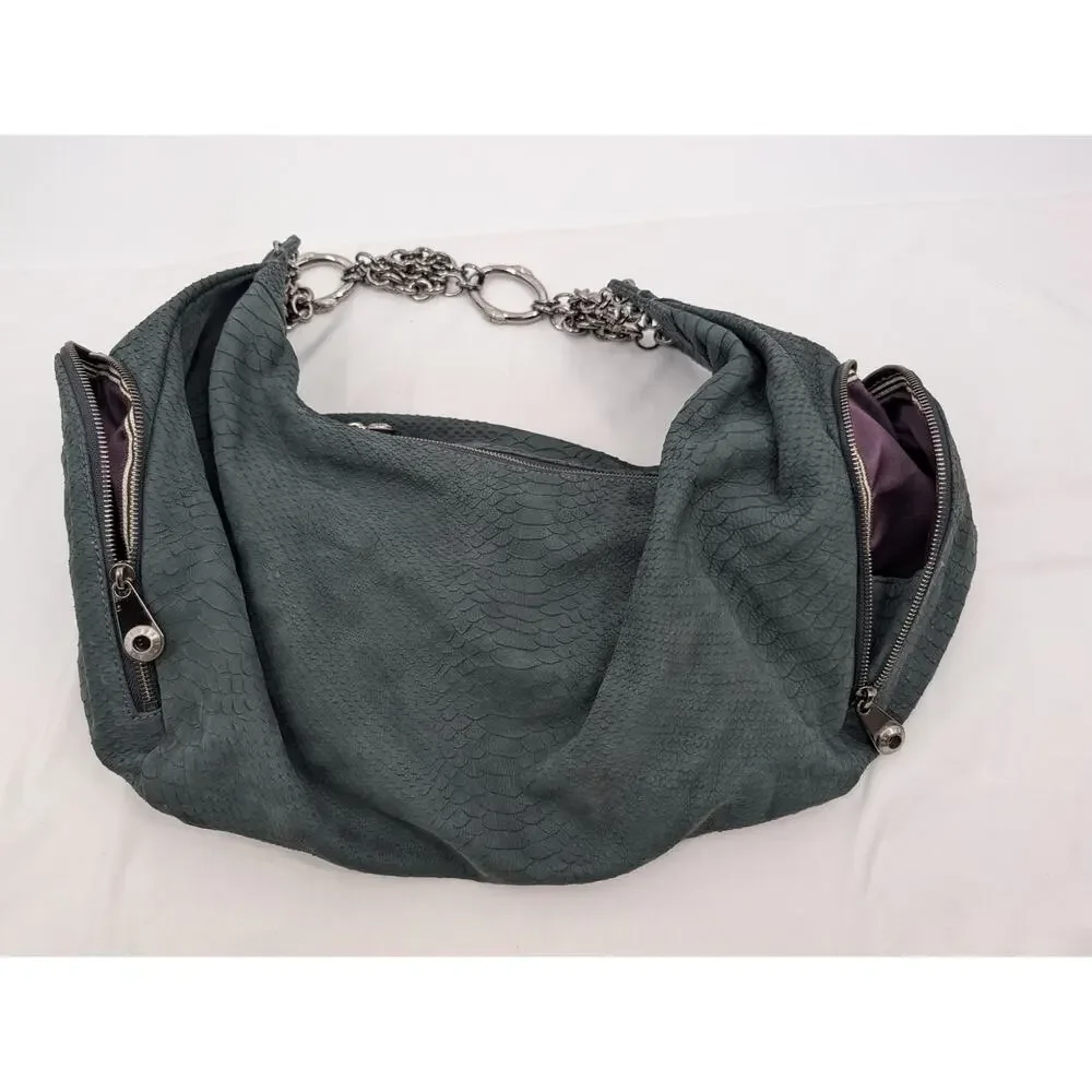 Henri Bendel Green Suede Leather Hobo Chain Strap Shoulder Bag Purple Interior